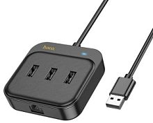 Концентратор HOCO HB35, USB 2.0,  4 гнезда, 3xUSB2.0, RJ45, кабель USB 0.2м, цвет: черный